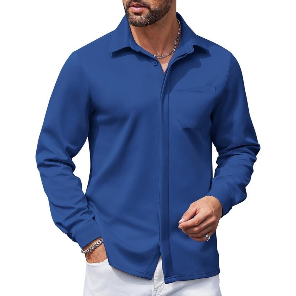 Dark Blue Men Long Sleeve Wrinkle Free Casual Button Down Untucked Dress Shirt